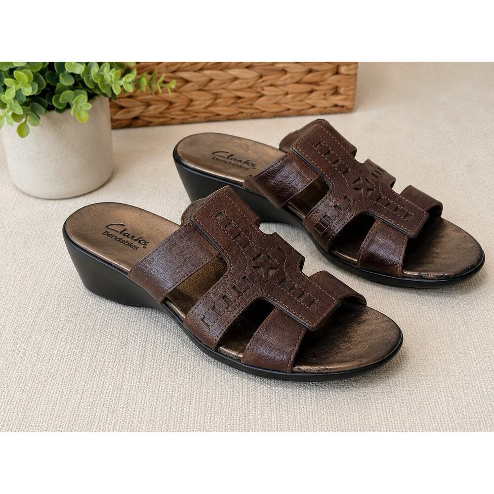 Clarks Bendables Leather Wedge Slide Sandals Brown Womens Size 9M Comfort